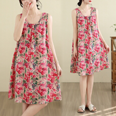 批发实拍大码女装夏季宽松吊带a字裙无袖棉麻圆领印花连衣裙
