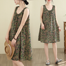 批发实拍大码女装夏季宽松吊带a字裙无袖棉麻圆领印花连衣裙