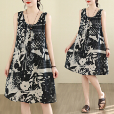 批发实拍大码女装夏季宽松吊带a字裙无袖棉麻圆领印花连衣裙