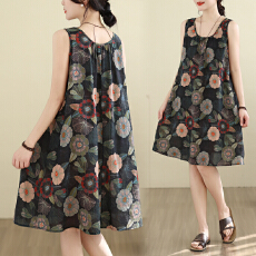 批发实拍大码女装夏季宽松吊带a字裙无袖棉麻圆领印花连衣裙