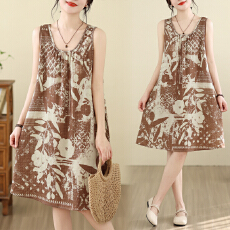 批发实拍大码女装夏季宽松吊带a字裙无袖棉麻圆领印花连衣裙