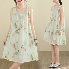 批发实拍大码女装夏季宽松吊带a字裙无袖棉麻圆领印花连衣裙