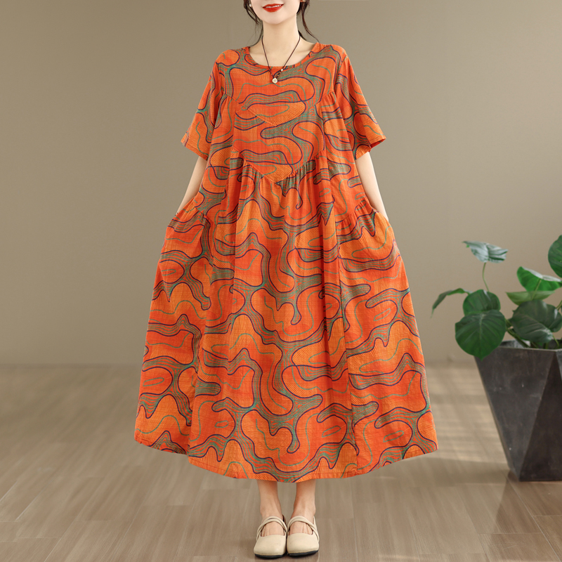 RY3273# 实拍2026夏季新款复古棉麻圆领花口袋短袖连衣裙女宽松显瘦...