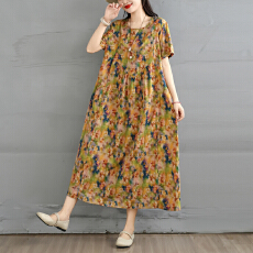 实拍2026夏季新款复古竹节麻圆领口袋短袖连衣裙女宽松显瘦A字裙