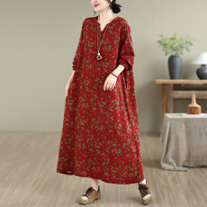 批发实拍秋季文艺复古棉麻印花<b class='q'>短袖</b>连衣裙<b class='q'>女</b>宽松显瘦拼接大码A字裙<b class='q'>女</b>