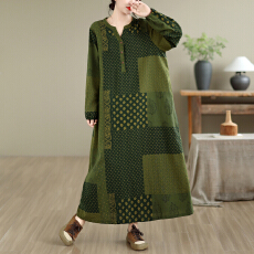 批发实拍秋季文艺复古棉麻印花<b class='q'>短袖</b>连衣裙<b class='q'>女</b>宽松显瘦拼接大码A字裙<b class='q'>女</b>
