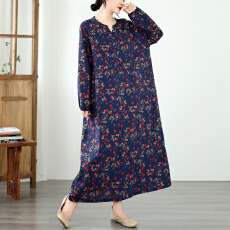 批发实拍秋季文艺复古棉麻印花<b class='q'>短袖</b>连衣裙<b class='q'>女</b>宽松显瘦拼接大码A字裙<b class='q'>女</b>