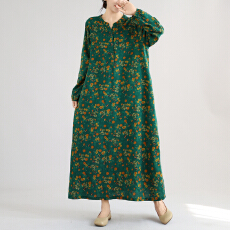 批发实拍秋季文艺<b class='q'>复古</b>棉麻印花短袖<b class='q'>连衣裙</b>女宽松显瘦拼接大码A字裙女