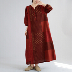 批发实拍秋季文艺<b class='q'>复古</b>棉麻印花短袖<b class='q'>连衣裙</b>女宽松显瘦拼接大码A字裙女