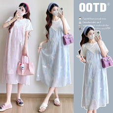 批发实拍夏季2026新品孕妇装纯棉<b class='q'>T</b><b class='q'>桖</b>拼接设计感<b class='q'>雪纺</b>刺绣假两件连衣裙