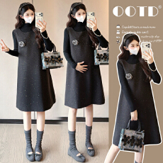 实拍秋冬新款大码孕妇装立体山茶花亮片毛呢背心裙+打底毛衣