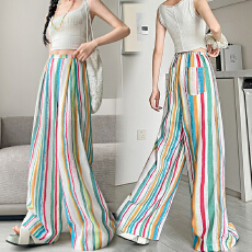 批发实拍 <b class='q'>亚麻</b>防晒阔腿裤显瘦彩虹条纹裤子晕染印花拖地裤女春夏季