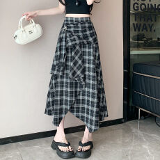 批发实拍 格子半身裙不规则中长款裙2026春夏季新款显瘦大摆韩版裙