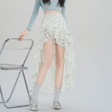 批发实拍 碎花裙半身裙荷叶边中长款裙子春夏季高腰显瘦A字裙两件套女