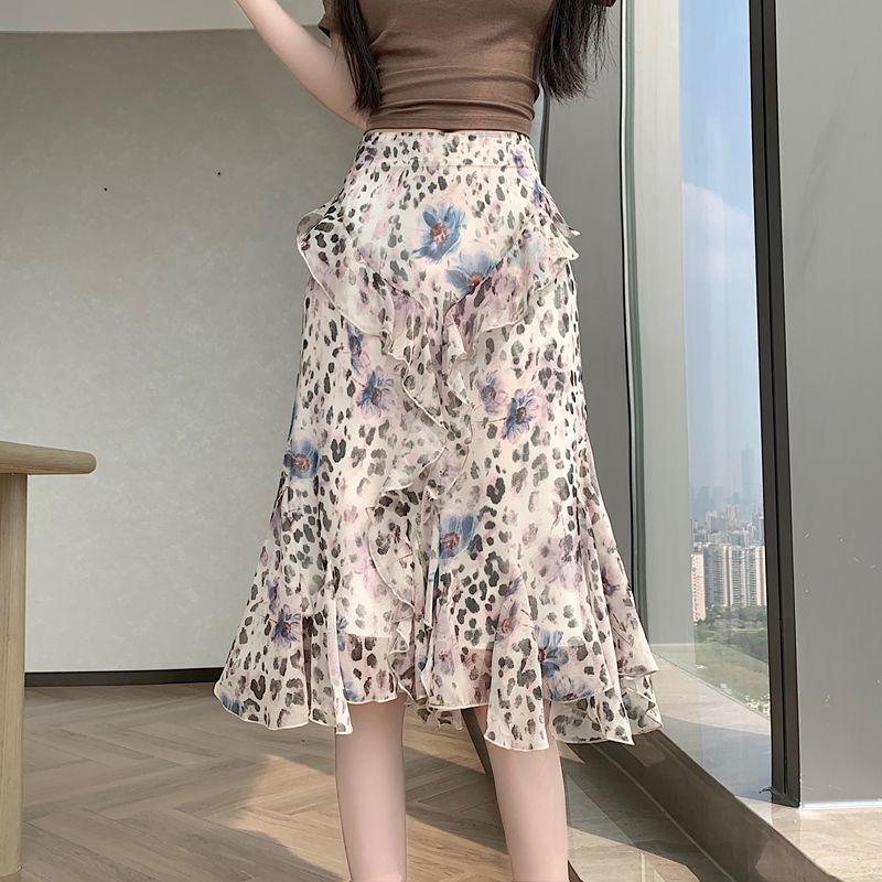 실사 질량 재고 있음 레오파드 무늬 반신 스커트 여름 새로운 프릴 인어 꼬리 스커트 한국 스타일 한 마디 쉬폰 스커트 아이들