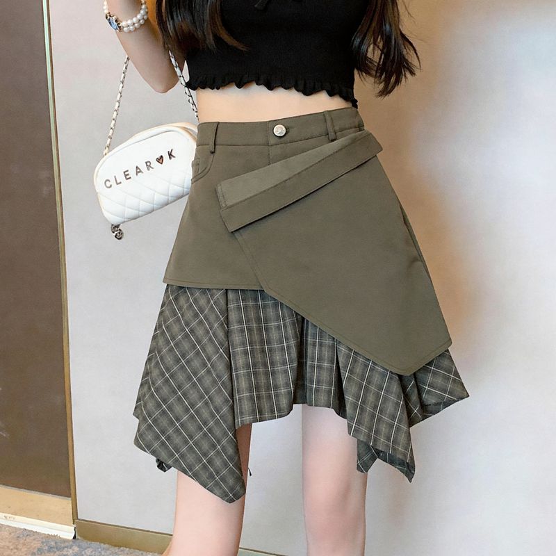실사 페이크 레이어드 체크무늬 패치워크 불규칙 반신 스커트 모방 데님 한 마디 미니 스커트 여름 한국 스타일 새로운 치마