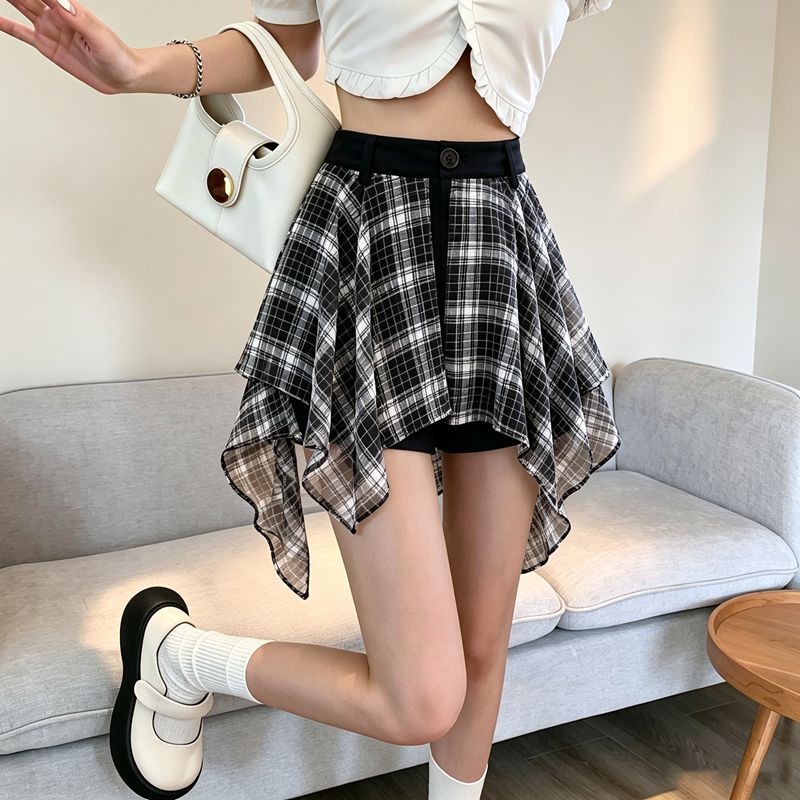 格子拼接假两件套短裤女夏季新款...