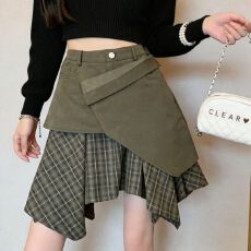批发实拍大量有货 牛仔格子拼接秋冬季新款<b class='q'>半身</b>裙韩版显瘦设计感<b class='q'>中裙</b>