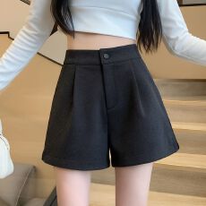 批发实拍大量有货 一颗扣侧开叉毛呢<b class='q'>短裤</b>女秋冬季韩版百搭阔腿休闲裤