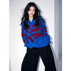 批发好看内搭上衣宝蓝色撞色polo领宽松加厚针织毛衣女春