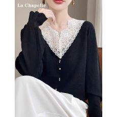 批发法式秋冬时尚气质V领<b class='q'>蕾丝</b>拼接羊毛针织打底衫喇叭袖长袖毛衣女装