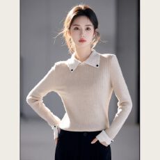 复古风藏蓝色Polo领长袖毛衣针织衫女秋冬款简约百搭洋气套头上衣