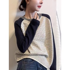 批发撞色条纹设计感圆领<b class='q'>羊绒</b><b class='q'>毛衣</b>长袖2025冬季时髦百搭柔软舒适针织衫