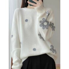批发韩版慵懒风拼色花朵全羊毛<b class='q'>针织衫</b>秋冬休闲减龄<b class='q'>宽松</b>圆领软糯毛衣女