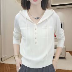 批发宽松半开领连帽<b class='q'>针织衫</b>上衣女2025秋季新款时尚单排扣长袖小衫外套