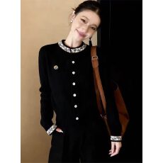 批发轻奢复古黑色蕾丝花边领长袖针织开衫女秋冬新款显瘦高级<b class='q'>毛衣外套</b>