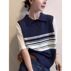 批发韩系polo领假两件套<b class='q'>条纹</b>针织背心2026年春夏季新款百搭外穿上衣女