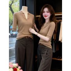 批发老钱风POLO领<b class='q'>中袖</b>针织衫女春夏新款独特绝美修身V领打底衫小<b class='q'>上衣</b>