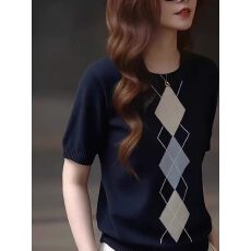 批发设计感复古风短袖针织<b class='q'>T</b><b class='q'>恤</b>女圆领菱格撞色设计感藏青色套头上衣服