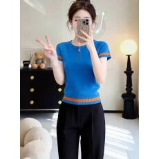 批发蓝色半拉链短袖<b class='q'>针织衫</b>女2026年夏季新款大码胖MM<b class='q'>宽松</b>百搭显瘦上衣