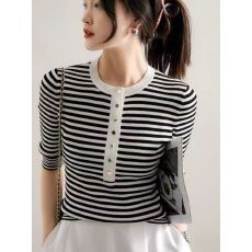 批发2026夏新款拼色<b class='q'>圆领</b>半开襟金扣T恤条纹短袖薄<b class='q'>针织</b>衫