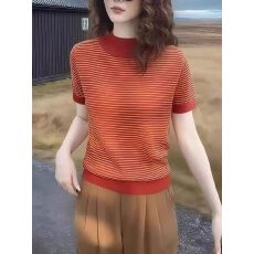 批发欧货条纹半高领短袖<b class='q'>针织衫</b>春季时髦洋气舒适百搭小衫上衣