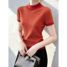 批发春季半高领短袖<b class='q'>针织衫</b>修身时髦洋气打底衫撞色拼接复古减龄上衣女