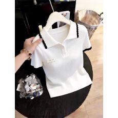 批发韩系学院风撞色翻领短袖<b class='q'>针织衫</b>女夏季新款大码胖mm显瘦高级感上衣