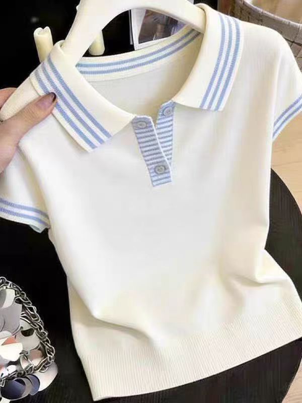 학원 스타일 POLO 셔츠 스트라이프 폴로 칼라 반팔 니트 티셔츠 여성 여름 패션 캐주얼 연령 감소 긍정적 인 어깨 의류 트렌디