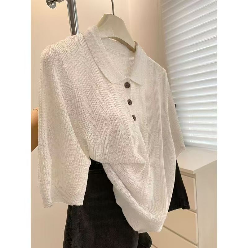 일본식 레트로 POLO 칼라 얼음 실크 면 린넨 반팔 티셔츠 여성 여름 루즈핏 캐주얼 다용도 폴로 칼라 니트 맨위