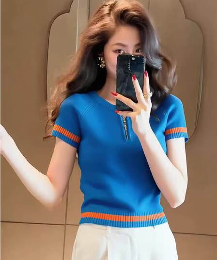 조수 브랜드 작은 대중 Chic 배색 디자인 센스 반팔 니트 스웨터 패션 출퇴근 다용도 느긋한 바람 여름 맨위 여성