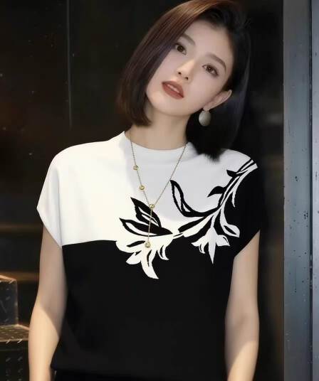 pllfs 2026 여름 섹션 빛 럭셔리 배색 자카드 반팔 티셔츠 니트 스웨터 여성 루즈핏 슬림해 보이는 품격 맨위