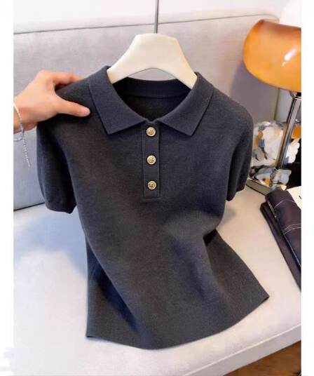 어두운 회색 POLO 칼라 반팔 티셔츠 여성 여름 얇은 스타일 빅 사이즈 지방 mm 몸매 가꾸기 슬림해 보이는 긍정적 인 어깨 출퇴근 맨위