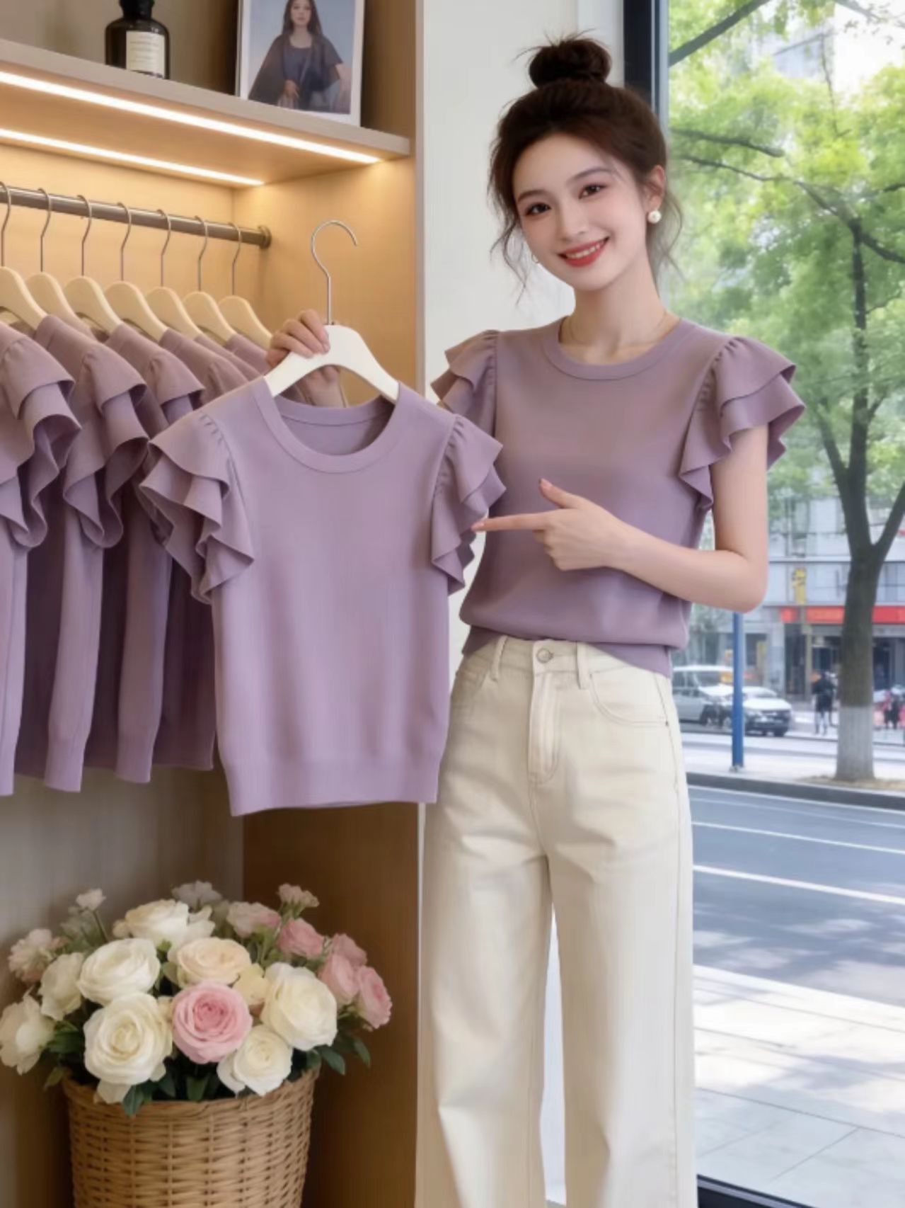 프랑스식 고유 한 Chic 프릴 라운드 넥 반팔 니트 스웨터 여성 여름 새로운 디자인 센스 연령 감소 보라색 맨위