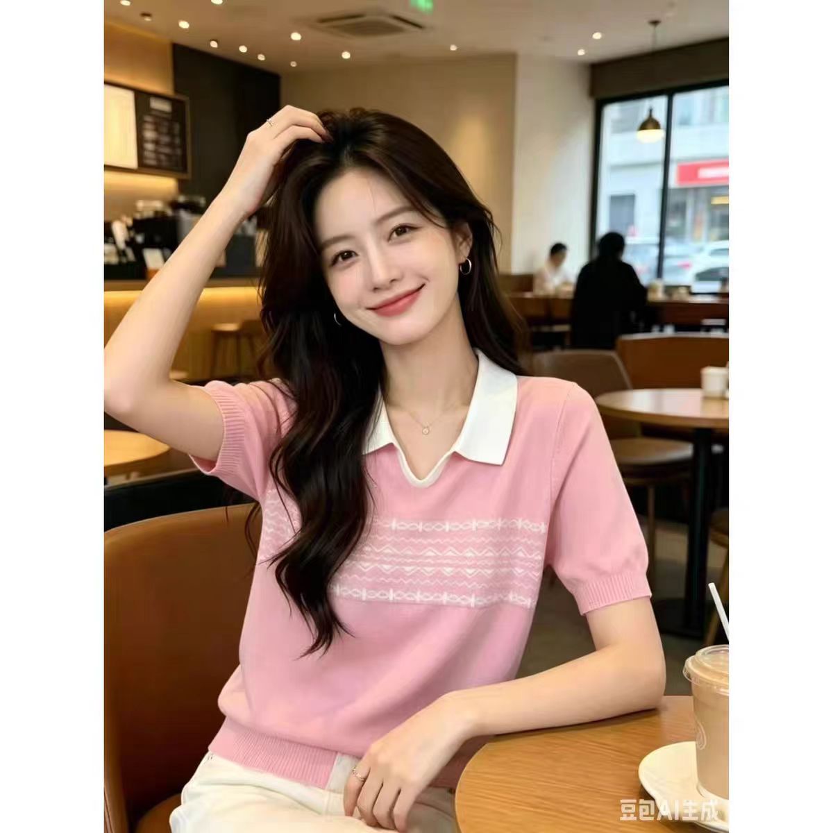 작은 토마토 POLO 칼라 니트 여성 의류 반팔 루즈핏 폴로 칼라 패치워크 색상 다용도 얇은 스타일 슬림해 보이는 맨위 기본 셔츠