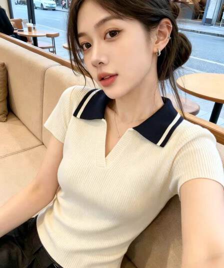 한 부서 POLO 칼라 배색 얼음 실크 반팔 니트 스웨터 여성 2026 여름 새로운 몸매 가꾸기 슬림해 보이는 외국 가스 짧은 맨위