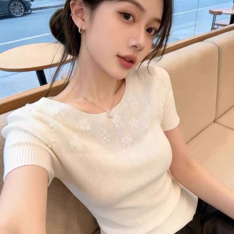 한 부서 꽃 비즈 박기 반팔 털 니트 스웨터 여성 여름 연령 감소 티셔츠 긍정적 인 어깨 몸매 가꾸기 슬림해 보이는 외국 가스 맨위 트렌디