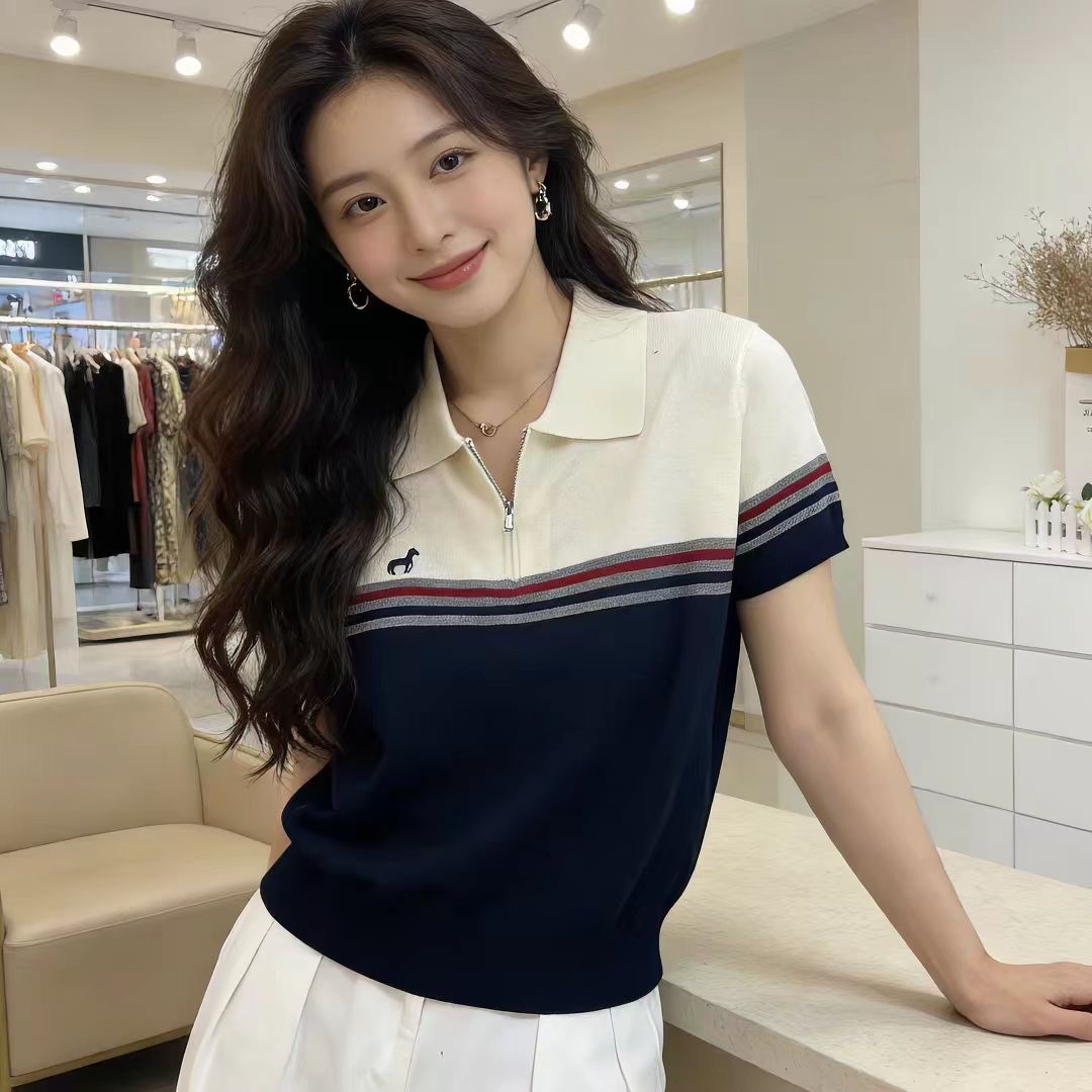 하프 지퍼 폴로 칼라 니트 스웨터 반팔 여성 2026 여름 루즈핏 다용도 슬림해 보이는 연령 감소 외국 가스 캐주얼 맨위 트렌디