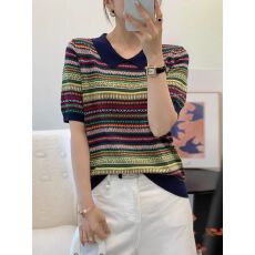 批发<b class='q'>翻领</b>费尔岛条纹短袖针织衫女夏季新款套头天丝提花<b class='q'>T</b><b class='q'>恤</b>气质上衣