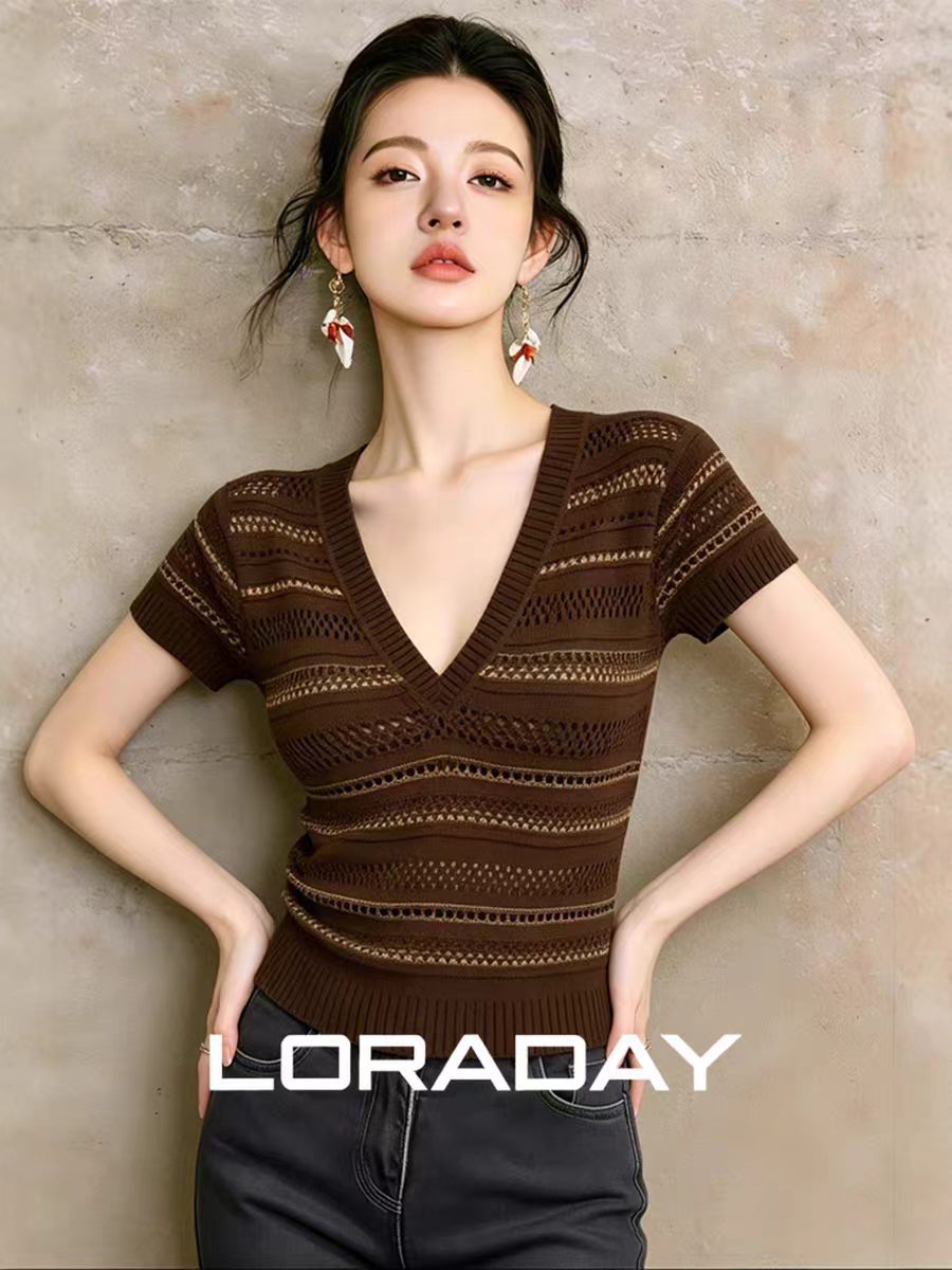 여름 인기 폭발 프랑스식 사소한 맨위 패션 오래된 돈 바람 스트라이프 깊은 V 넥 니트 반팔